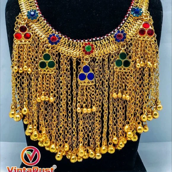 Golden Massive Choker Necklace- Afghan Kuchi Choker Necklace With Long Bells-